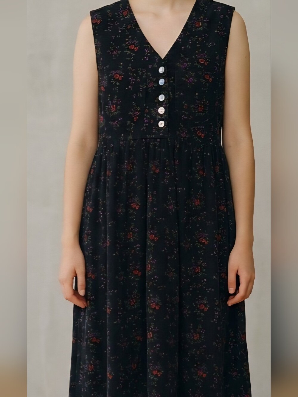90s Grunge Ditzy Black Floral Midi Dress with Purple and Red Accents